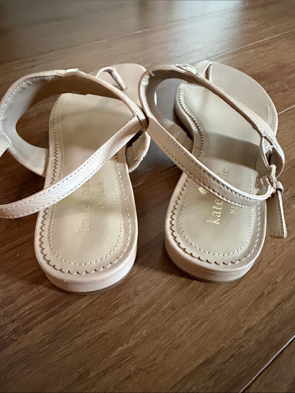 kate spade Blush Leather T-Strap Sandals with Gold Heart Spade Accent - Picture 3 of 4